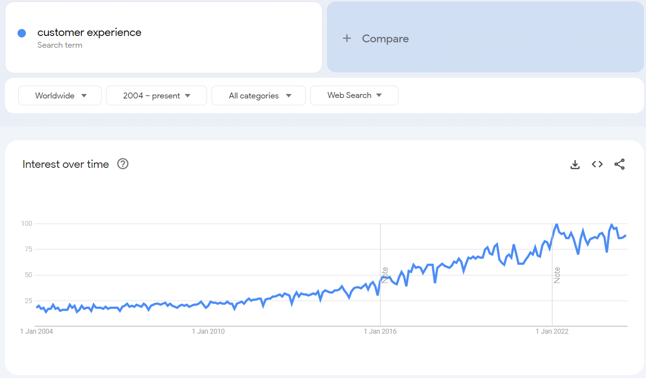 Gráfico que representa la evolución y acogida del concepto "Customer Experience" desde el año 2004 al 2024